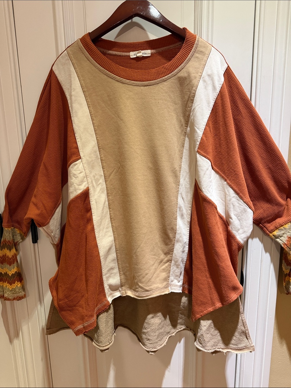 Oli & Hali Boho Patchwork Oversized Women’s Top in Rust, Tan and Cream-NWOT-Sz L